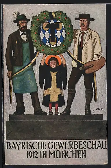 Künstler-AK München, Bayr. Gewerbeschau 1912, Arbeiter & Münchner Kindl, Ganzsache Bayern