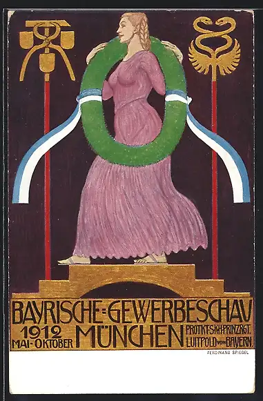 Künstler-AK München, Bayerische Gewerbeschau 1912, Frau mit Siegeskranz, Ganzsache Bayern