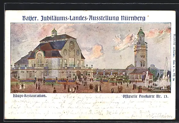 Künstler-AK Nürnberg, Bayr. Jubiläums-Landes-Ausstellung 1906, Hauptrestaurant, Ganzsache Bayern