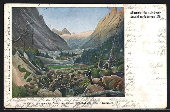 Künstler-AK München, Allg. Deutsche Sport-Ausstellung 1899, Alpines Panorama, Ganzsache Bayern