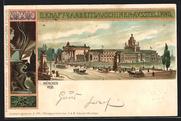 Lithographie München, II. Kraft- & Arbeitsmaschinen-Ausstellung1898, Ausstellungsgelände, Ganzsache Bayern
