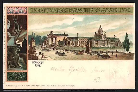 Lithographie München, II. Kraft- & Arbeitsmaschinen-Ausstellung1898, Ausstellungsgelände, Ganzsache Bayern