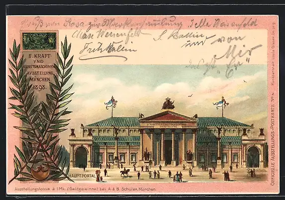 Lithographie München, II. Kraft- und Arbeitsmaschinen-Ausstellung 1898, Hauptportal, Ganzsache Bayern