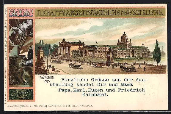 Lithographie München, II. Kraft- & Arbeitsmaschinen-Ausstellung1898, Ausstellungsgelände, Ganzsache Bayern