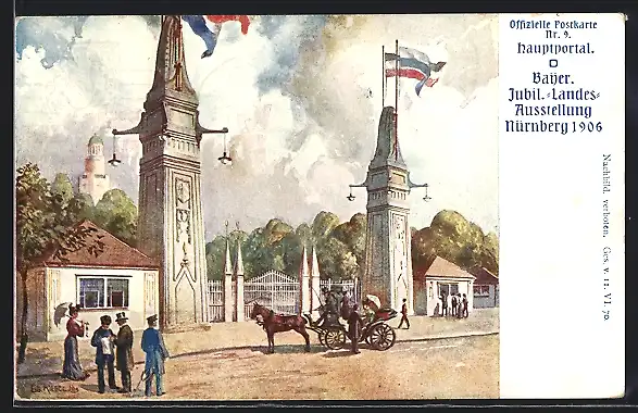 Künstler-AK Nürnberg, Bayer. Jubil.-Landes-Ausstellung 1906, Hauptportal, Ganzsache Bayern