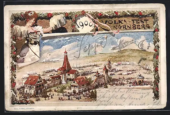 Künstler-AK Nürnberg, Volksfest 1900, Festgelände, Ganzsache Bayern