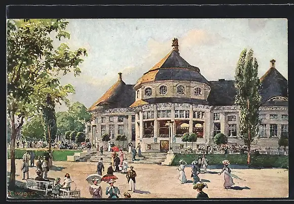 Künstler-AK München, Bayrische Gewerbeschau-Ausstellung 1912, Blick zum Hauptrestaurant, Ganzsache Bayern