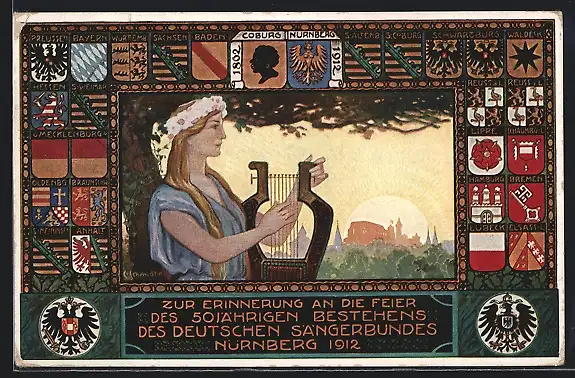 Künstler-AK Nürnberg, 50-jähriges Jubiläum des Deutschen Sängerbundes 1912, Frau mit Lyra, Wappen, Ganzsache Bayern