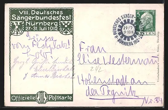 Künstler-AK Nürnberg, 50-jähriges Jubiläum des Deutschen Sängerbundes 1912, Frau mit Lyra, Wappen, Ganzsache Bayern