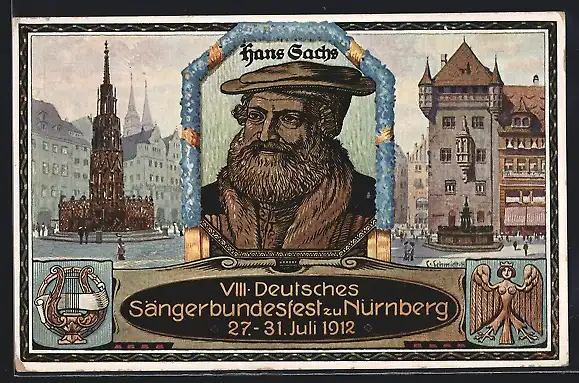 Künstler-AK Nürnberg, VIII. Deutsches Sängerbundfest 1912, Hans Sachs, Ganzsache Bayern