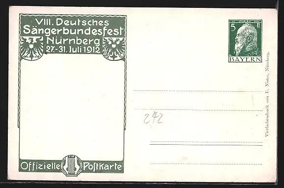 Künstler-AK Nürnberg, VIII. Deutsches Sängerbundfest 1912, Hans Sachs, Ganzsache Bayern