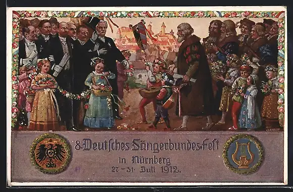 Künstler-AK Nürnberg, VIII. Deutsches Sängerbundfest 1912, geschmückte Kinder, Harfe, Wappen, Ganzsache Bayern