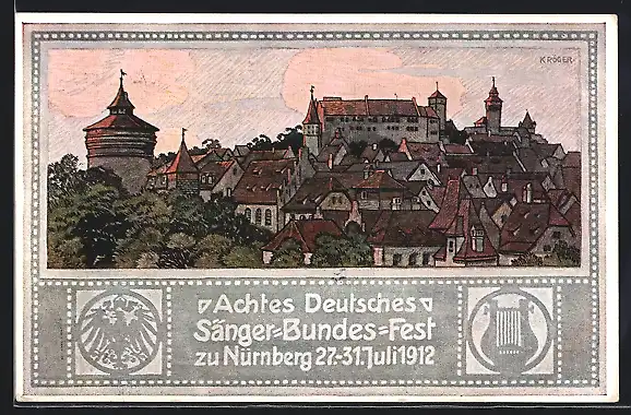 Künstler-AK Nürnberg, VIII. Deutsches Sängerbundesfest 1912, Panorama, Wappen, Ganzsache Bayern