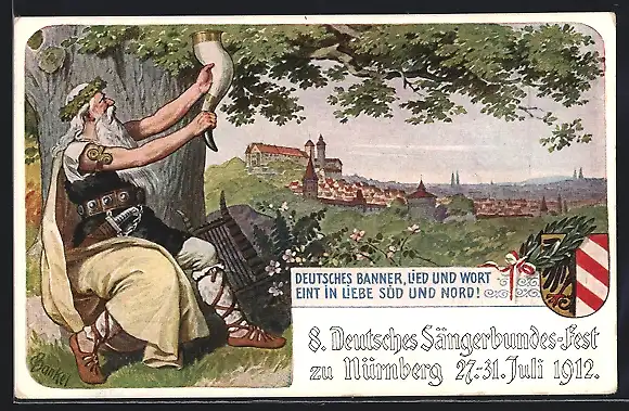 Künstler-AK Nürnberg, VIII. Deutsches Sängerbundesfest 1912, Germane mit Horn, Ganzsache Bayern