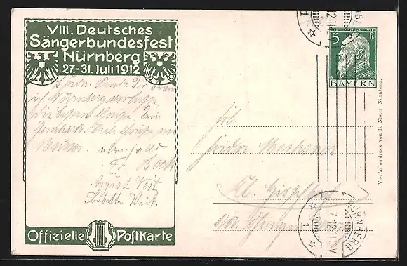 Künstler-AK Nürnberg, VIII. Deutsches Sängerbundesfest 1912, Germane mit Horn, Ganzsache Bayern