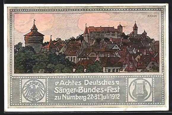 Künstler-AK Nürnberg, VIII. Deutsches Sängerbundesfest 1912, Panorama, Wappen, Ganzsache Bayern