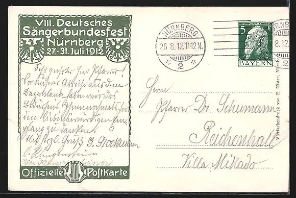Künstler-AK Nürnberg, VIII. Deutsches Sängerbundesfest 1912, Panorama, Wappen, Ganzsache Bayern