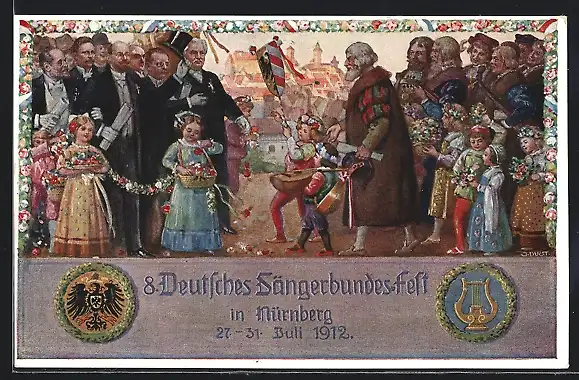 Künstler-AK Nürnberg, VIII. Deutsches Sängerbundfest 1912, geschmückte Kinder, Harfe, Wappen, Ganzsache Bayern