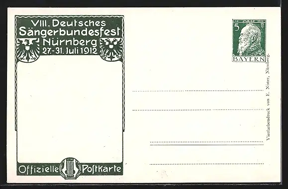 Künstler-AK Nürnberg, VIII. Deutsches Sängerbundfest 1912, geschmückte Kinder, Harfe, Wappen, Ganzsache Bayern