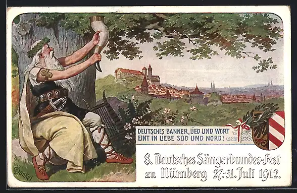 Künstler-AK Nürnberg, VIII. Deutsches Sängerbundesfest 1912, Germane mit Trinkhorn, Ganzsache Bayern