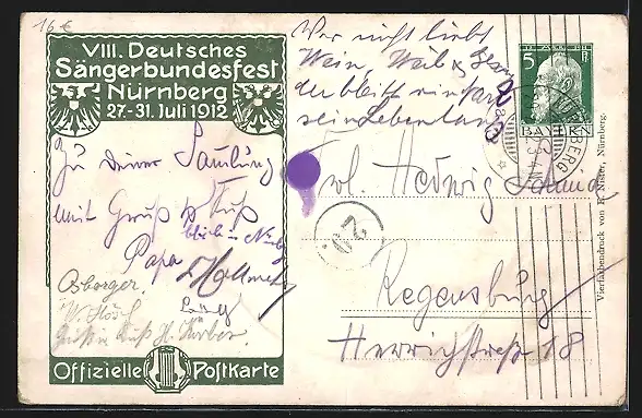 Künstler-AK Nürnberg, VIII. Deutsches Sängerbundesfest 1912, Germane mit Trinkhorn, Ganzsache Bayern