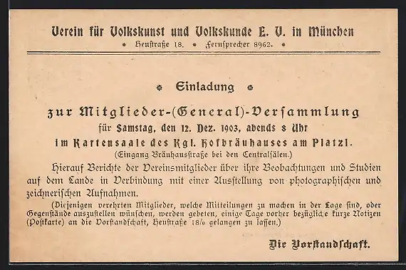 AK München, Verein für Volkskunst und Volkskunde, Einladung zur Mitglieder-Versammlung, Ganzsache Bayern