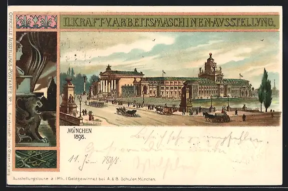 Lithographie München, II. Kraft- & Arbeitsmaschinen-Ausstellung1898, Ausstellungsgelände, Ganzsache Bayern