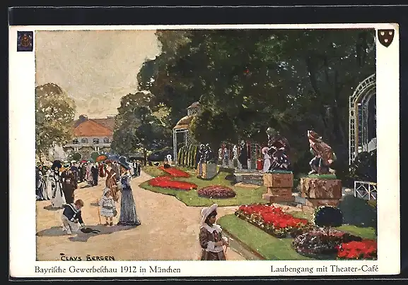 Künstler-AK Claus Bergen: München, Bayrische Gewerbeschau 1912, Laubeneingang mit Theater-Cafe, Ganzsache Bayern