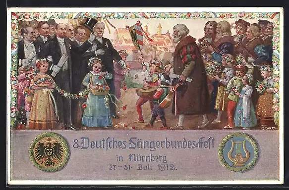 Künstler-AK Nürnberg, VIII. Deutsches Sängerbundfest 1912, geschmückte Kinder, Harfe, Wappen, Ganzsache Bayern