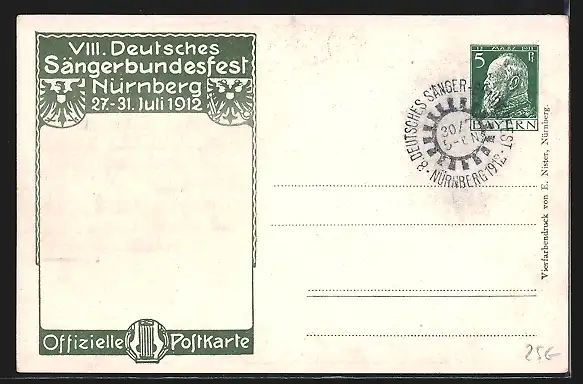 Künstler-AK Nürnberg, VIII. Deutsches Sängerbundfest 1912, geschmückte Kinder, Harfe, Wappen, Ganzsache Bayern