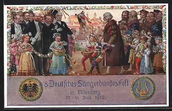 Künstler-AK Nürnberg, VIII. Deutsches Sängerbundfest 1912, geschmückte Kinder, Harfe, Ganzsache Bayern
