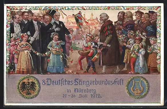 Künstler-AK Nürnberg, VIII. Deutsches Sängerbundfest 1912, geschmückte Kinder, Wappen, Ganzsache Bayern