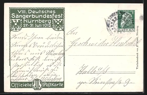 Künstler-AK Nürnberg, VIII. Deutsches Sängerbundfest 1912, geschmückte Kinder, Wappen, Ganzsache Bayern