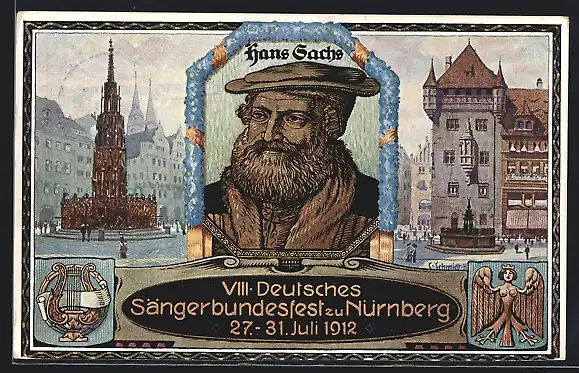 Künstler-AK Nürnberg, VIII. Deutsches Sängerbundfest 1912, Hans Sachs, Ganzsache Bayern