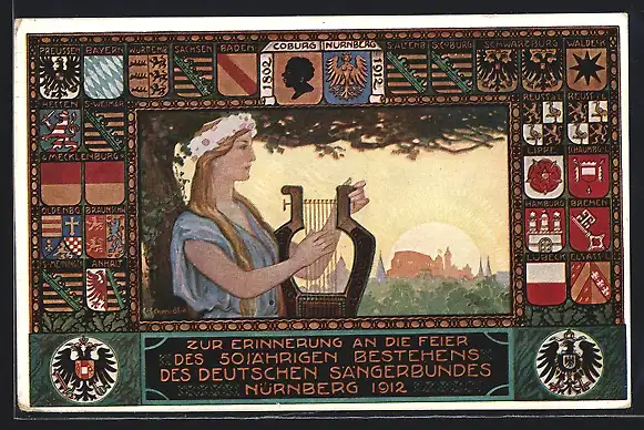 Künstler-AK Nürnberg, 50-jähriges Jubiläum des Deutschen Sängerbundes 1912, Frau mit Lyra, Wappen, Ganzsache Bayern