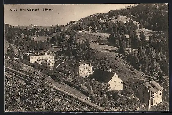 AK Rigi-Klösterli, Hotel Sonne und Kirche an der Eisenbahnstrecke