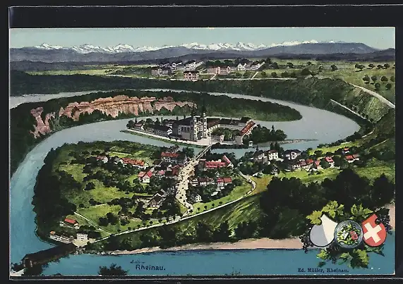 AK Rheinau, Panoramablick auf Ort und Kloster