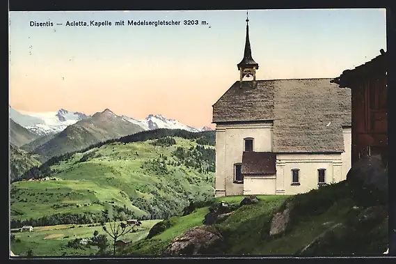 AK Disentis, Acletta, Kapelle mit Medelsergletscher