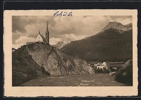 AK Schuls, Kirche und gedeckte Brücke vom Inn gesehen