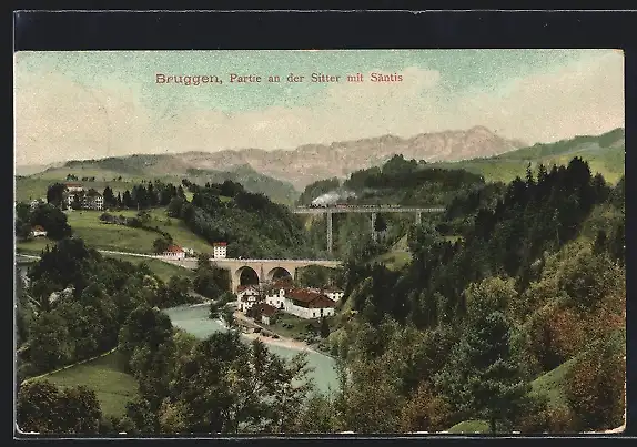 AK Bruggen, Partie an der Sitter mit Säntis, Eisenbahnbrücke im Hintergrund