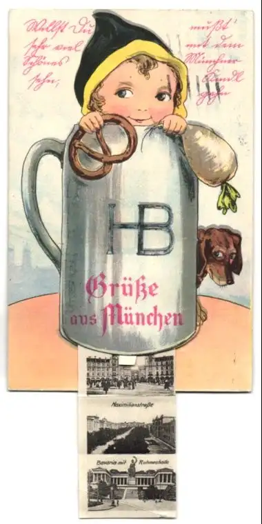Leporello-AK München, Ansichten hinterm Bierkrug mit Münchner Kindl, Frauenkirche, Karlstor, Sendlingertor, Rathaus
