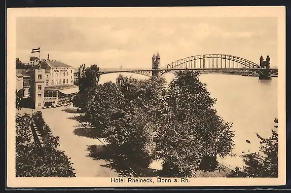 AK Bonn a. Rh., Hotel Rheineck, Strassenpartie mit Rhein