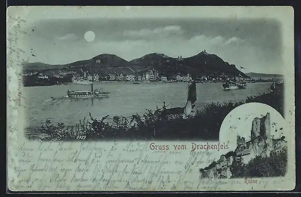 AK Drachenfels, Blick auf die Stadt unterhalb mit Ruine