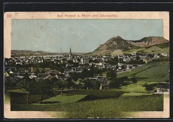 AK Bad Honnef a. Rhein, Ortsansicht mit Drachenfels