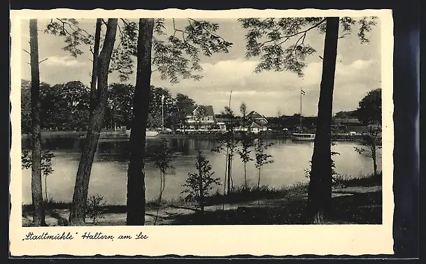 AK Haltern, Blick über den See auf das Lokal Stadtmühle