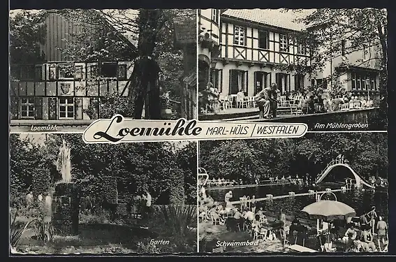 AK Marl-Hüls /Westfalen, Gasthaus Loemühle, Am Mühlengraben, Schwimmbad