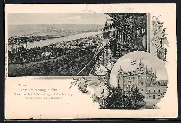 AK Petersberg /Rh., Blick vom Hotel Petersberg auf Drachenburg, Königswinter und Godesberg, Hotelgebäude