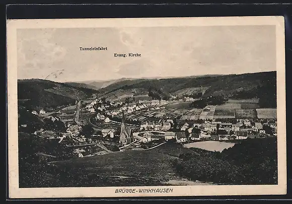 AK Brügge-Winkhausen, Gesamtansicht mit Ev. Kirche und Tunneleinfahrt