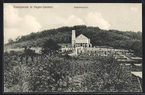 AK Hagen-Delstern, Gesamtansicht des Crematoriums in bergiger Landschaft