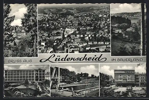 AK Lüdenscheid, Freibad, Kaufhof, Ortsansicht